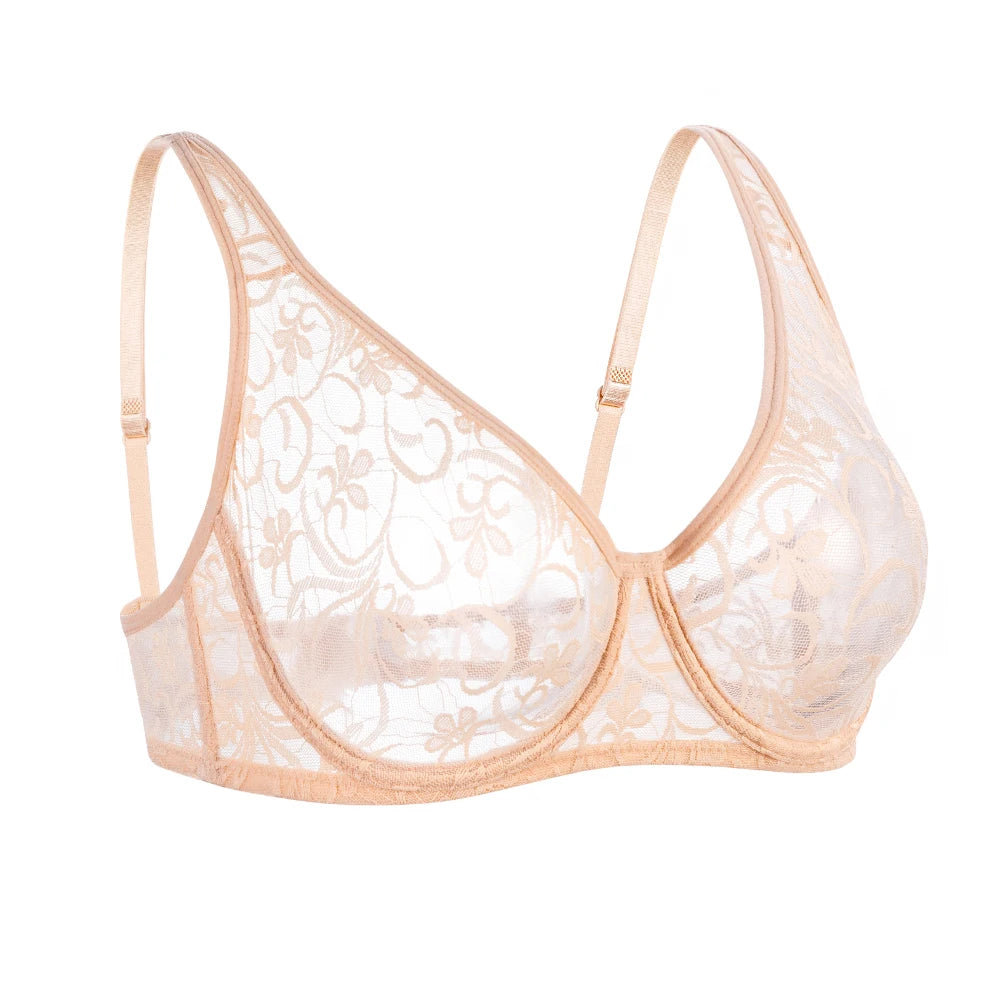 Bras For Womens Plus Size Lace Bra Underwire Female Underwear Embroidery Mesh See Through Sexy Lingerie Brassiere BH Tops