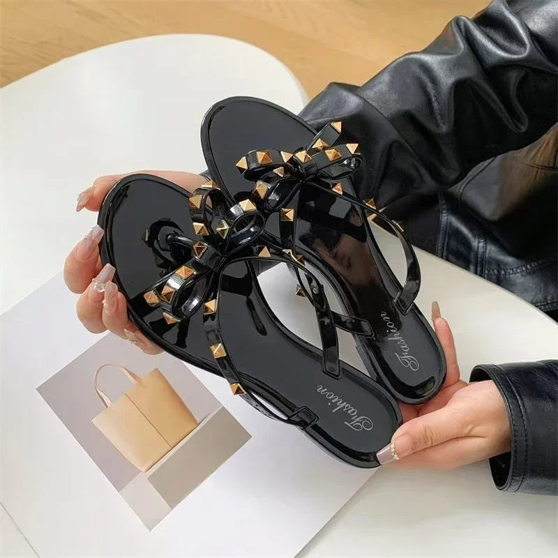 Summer Women Slippers Bow Flip Flops Rivet Flats Sandals Outdoor Transparent Crystal Beach Shoes Female Open Toe Shoes