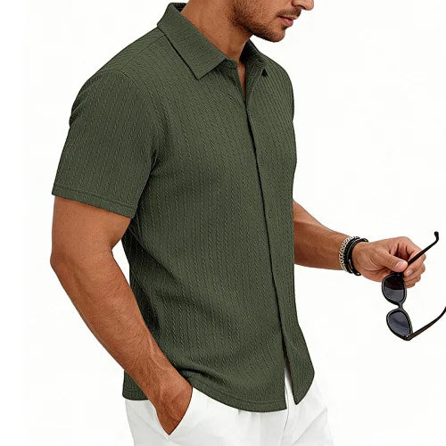 European and American Men's Casual Jacquard Shirt Men's Summer Solid Color Lapel Breathable Men's Short-Sleeved Shirt Top