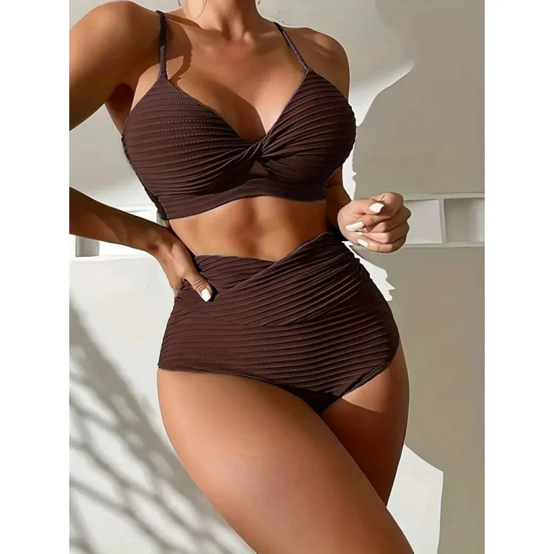 High-Waist Sexy Striped Bikini Swimsuit Women's Two-Piece Swimwear Thickened Polyester Fabric with Chest Pad No Steel Support