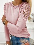 2023 Autumn New Women T-Shirt S-5XL Femme Solid Color Slim Fit Lace Hollow Long Sleeve Top Ladies Soft Lightweight Casual Blouse