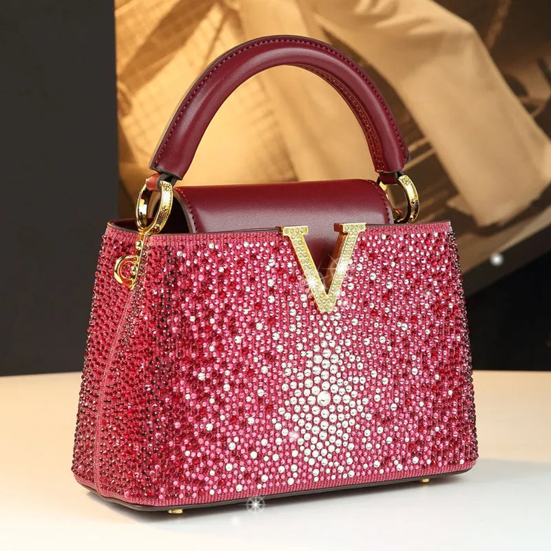 Luxury Fashion Diamonds Women's Handbags 2025 New V Letter Small Shoulder Crossbody Bag Genuine Leather Messenger Shell Bags