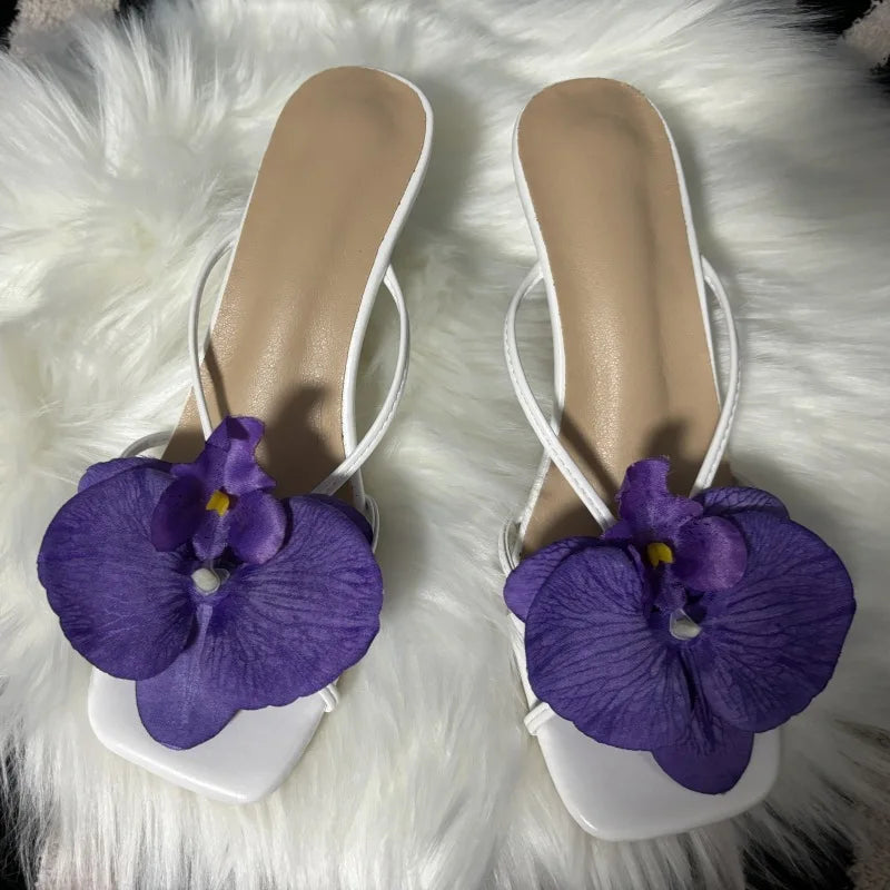 Orchid Flower Summer New High Heeled Women White Pink Blue Purple Floral Heels Square Toe Prom Slipper Slingback Shoes for Women