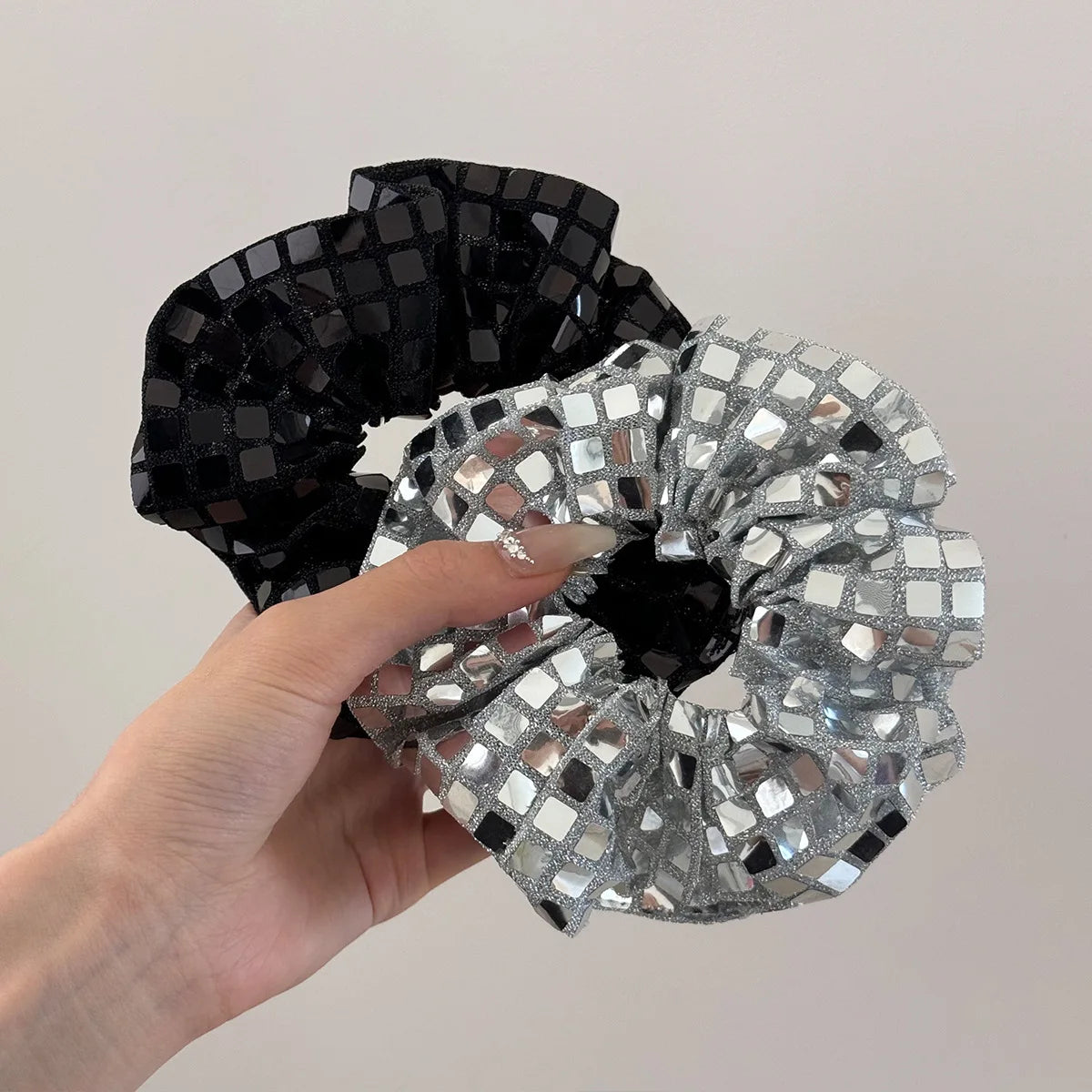 K-style Vintage Glitter Silver Scrunchies Sparkly Hair Ties for Women Chunky Sequin Ponytail Holder Party Elastic Hair Bands