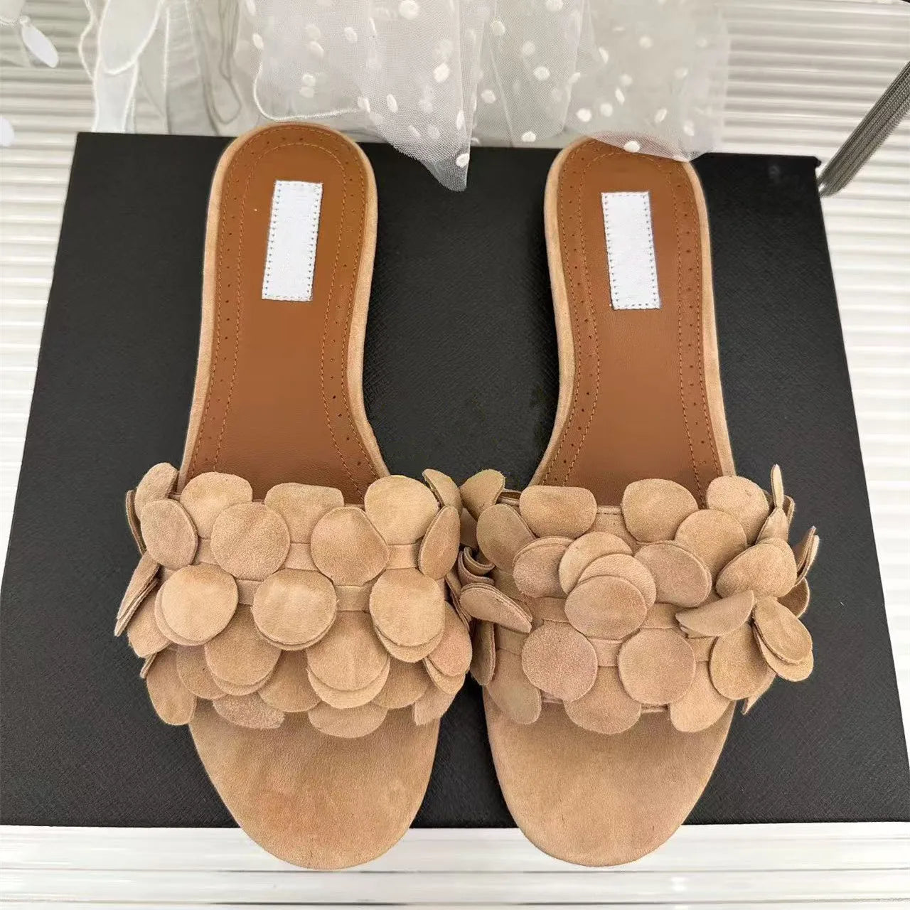 Flower Genuine Leather Flat Bottom Cool Slippers for Women's Casual Versatile One line Dragging Style Vacation Outerwear Beach S