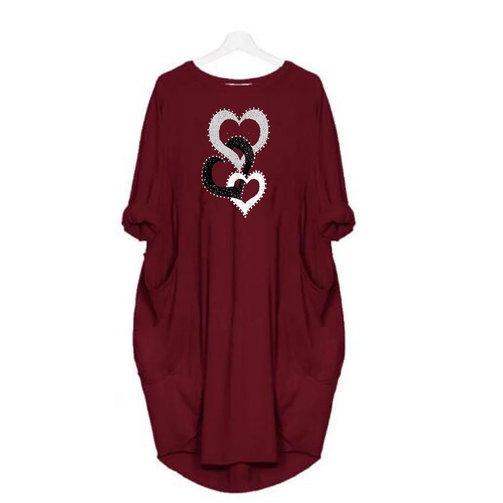 Women's heart-shaped printed pocket dress, casual round neck short sleeved dress for spring and summer women's wear