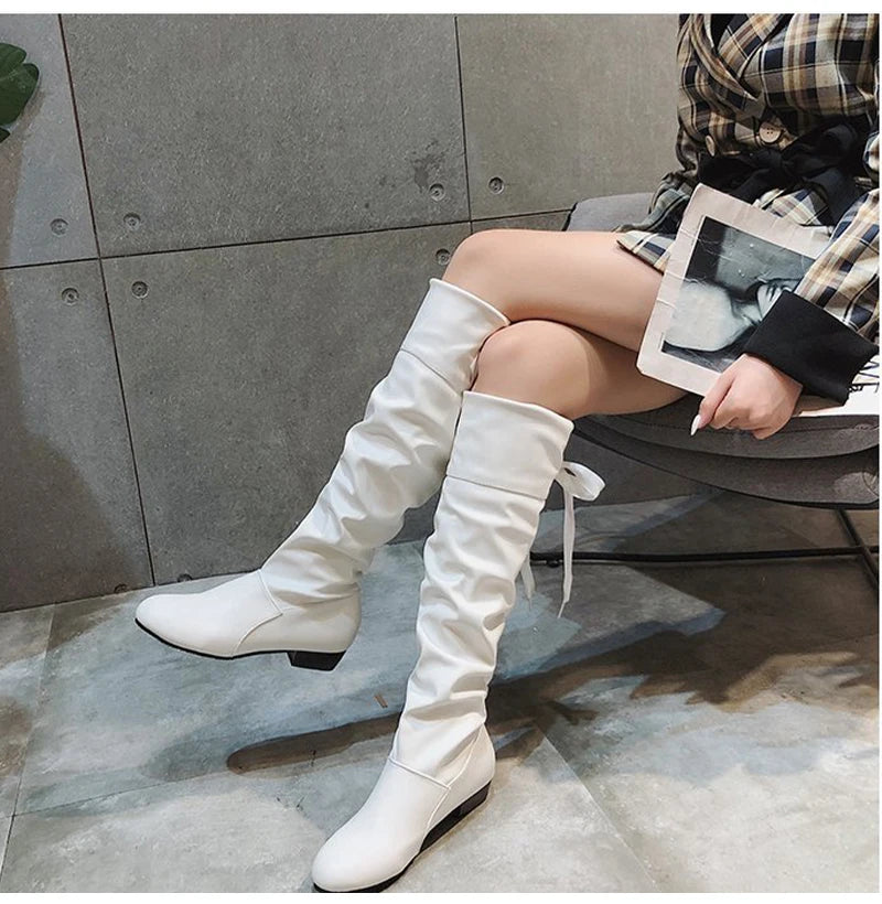 Shoes For Women  Knee High Boots Red Black White Tall Boots Woman Pleated Low Heel Casual Leather Female Long Shoes 2024