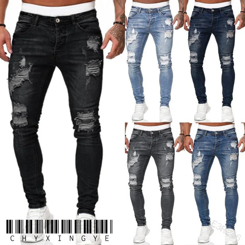 2023 Fashion Street Style Ripped Skinny Jeans Men Vintage wash Solid Denim Trouser Mens Casual Slim fit Black Blue denim Pants