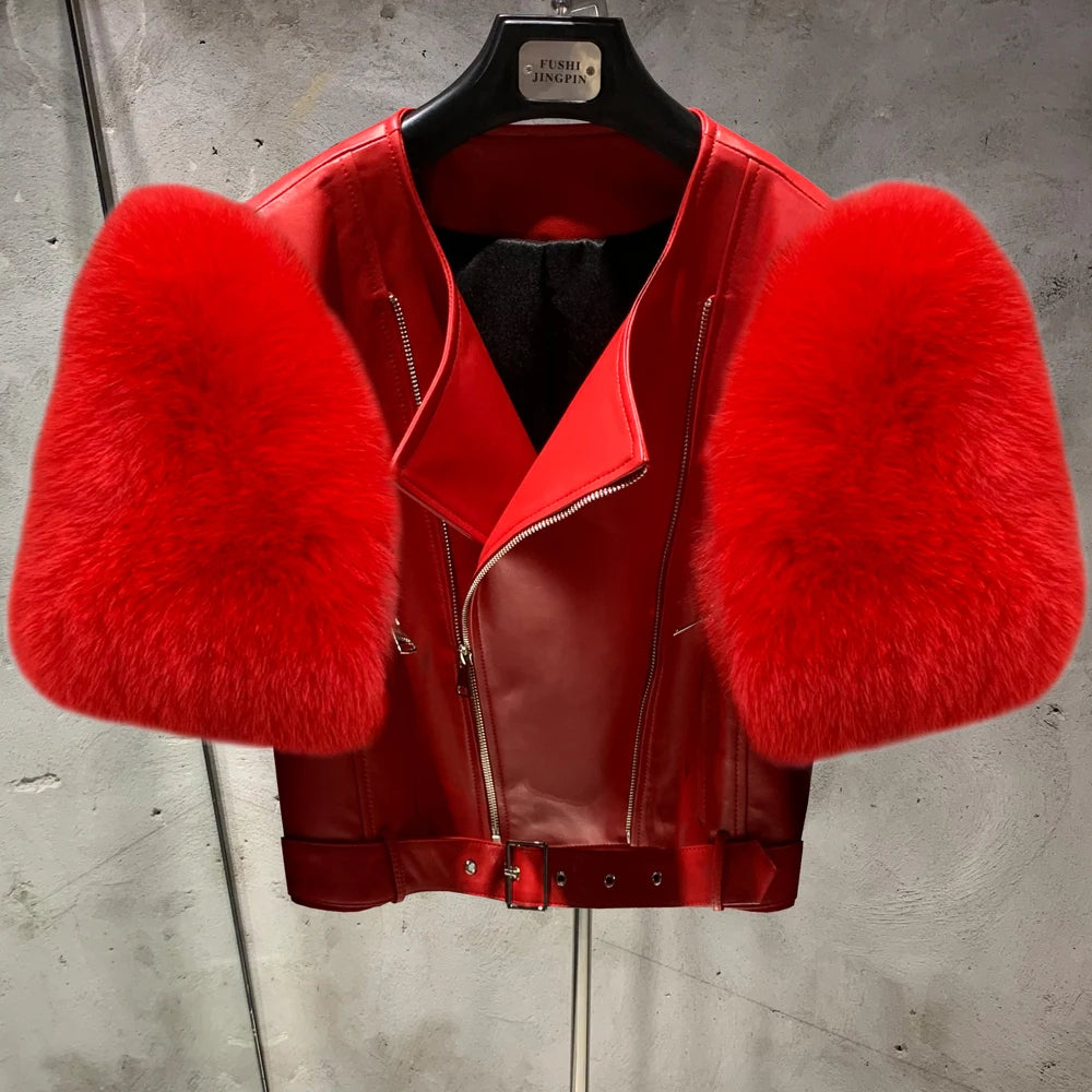 Leather Fur Jacket Natural Fur Sleeve Ladies Short Leather Jacket Real Fox Fur Sleeve Coat Women Autumn 21001-1