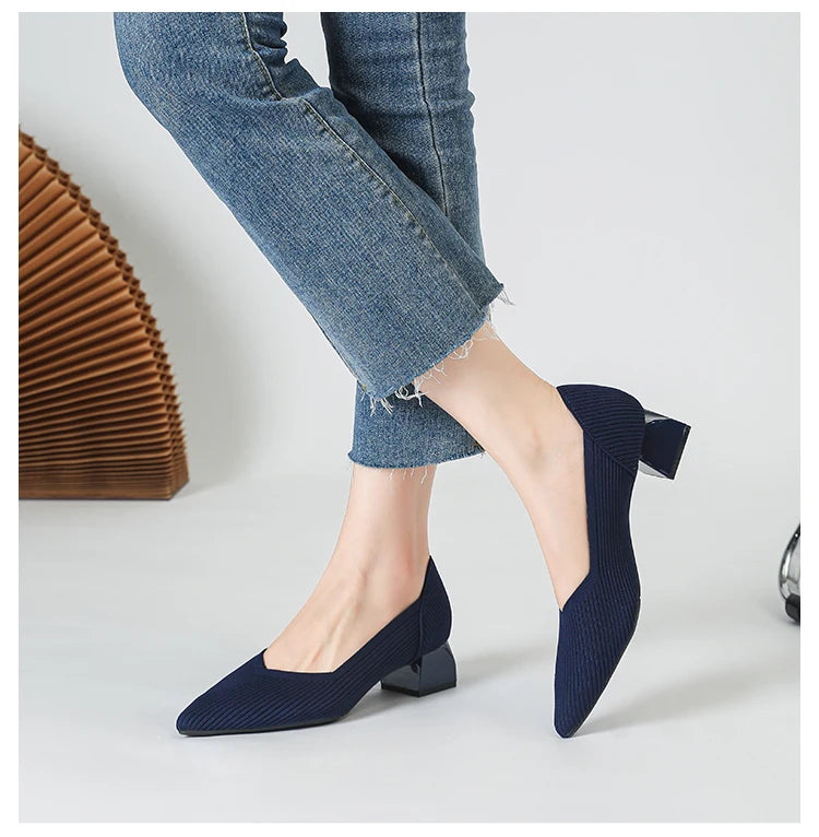 2026 New Women's High Heels Large 42/43 Fashion Pointed Anti slip Rubber Bottom Knitted Breathable Shoes