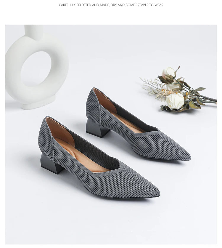2026 New Women's High Heels Large 42/43 Fashion Pointed Anti slip Rubber Bottom Knitted Breathable Shoes
