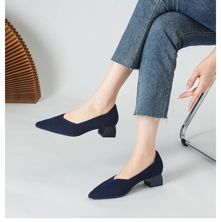 2026 New Women's High Heels Large 42/43 Fashion Pointed Anti slip Rubber Bottom Knitted Breathable Shoes
