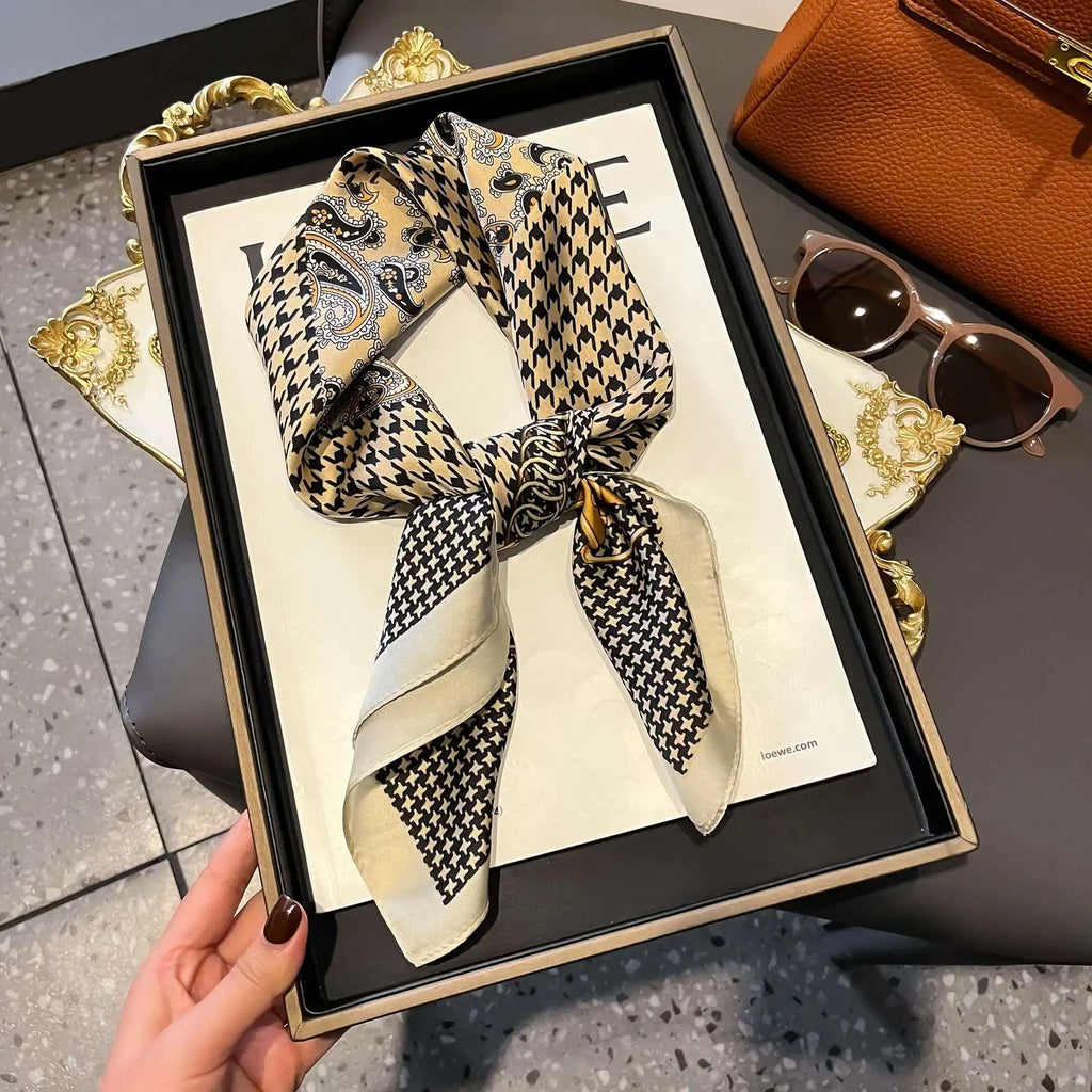 Luxury Satin Imitation Print Silk Scarf Square Women Neck Scarves Wrap Headkerchief Beach Hair Band Women's Bandana