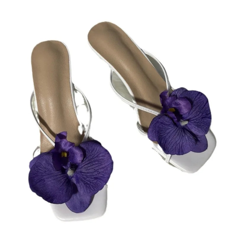 Orchid Flower Summer New High Heeled Women White Pink Blue Purple Floral Heels Square Toe Prom Slipper Slingback Shoes for Women