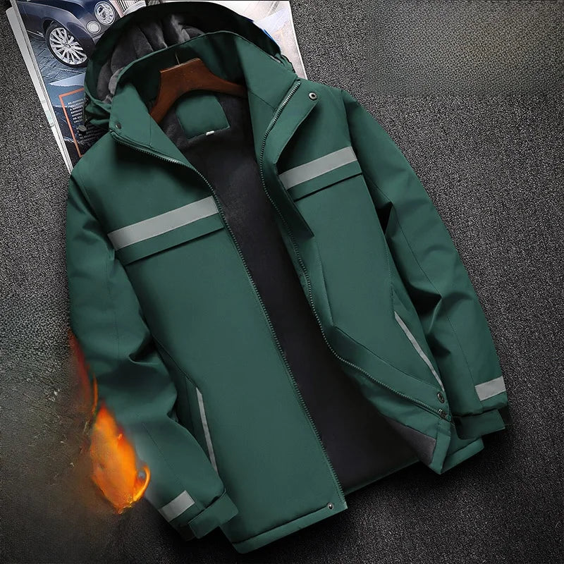 Thiened Fce Workwear Jaet ex Warm Windproof Reflective Cotton Coat Men's Casual Sle Removable Hat Zipper Closure