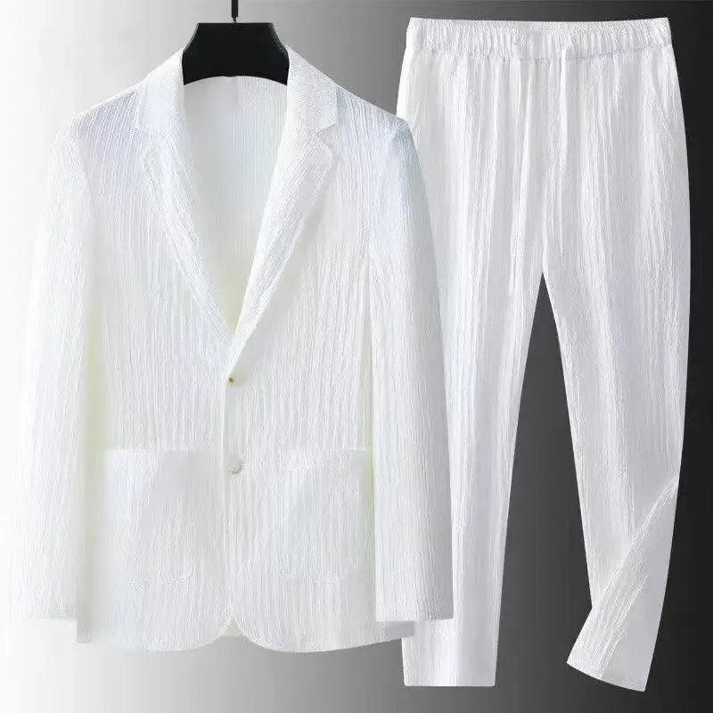 2026 Spring Summer Men 2 Piece Textured Business Suit White Lightweight Vest Jacket Elastic Waist Pants Office Casual Outfit