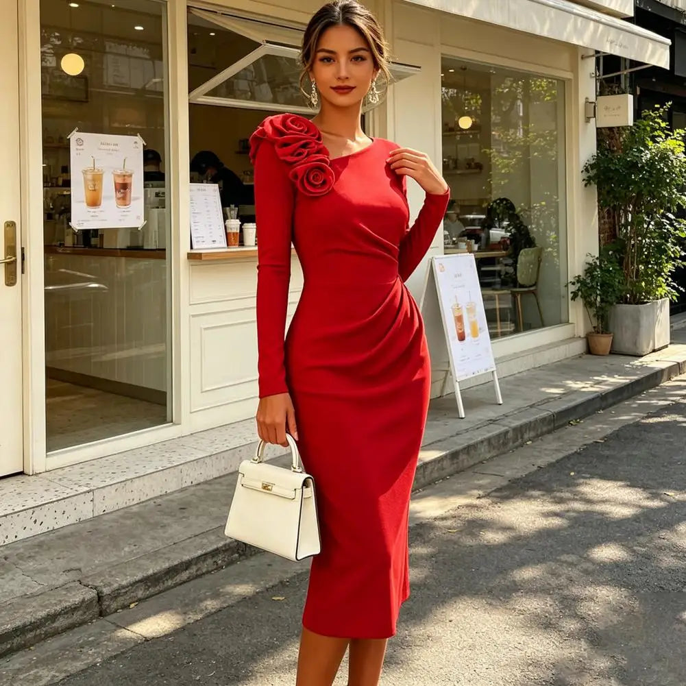 Retro Style Dress Women's Cocktail Party Bodycon Midi Dress Long Sleeve 3d Flower Ruched Gown Formal Wedding Guest Evening Wear