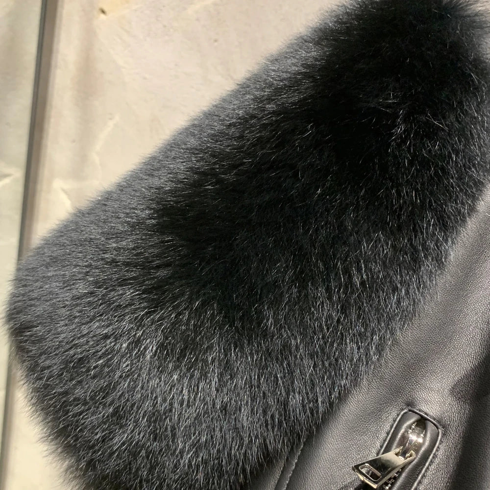 Leather Fur Jacket Natural Fur Sleeve Ladies Short Leather Jacket Real Fox Fur Sleeve Coat Women Autumn 21001-1