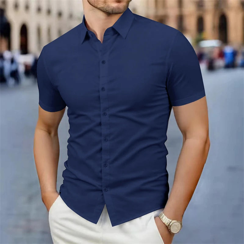 2025 New Men's Business Casual Solid Color Short Sleeved Shirt for Summer Fashion No Ironing Comfortable and Versatile Top