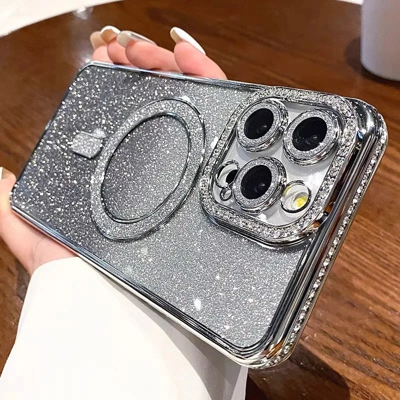 Plating Glitter Diamond Rhinestone Magnetic Wireless Charging Case for IPhone 17 Air 16 15 14 13 12 Pro Max Soft Silicone Cover