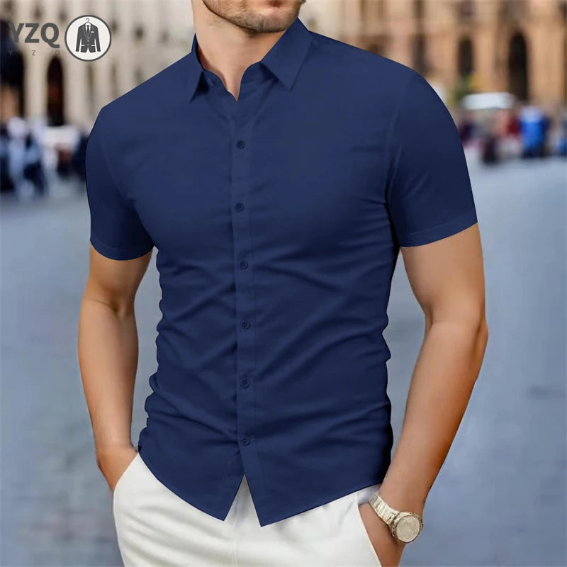 2025 New Men's Business Casual Solid Color Short Sleeved Shirt for Summer Fashion No Ironing Comfortable and Versatile Top
