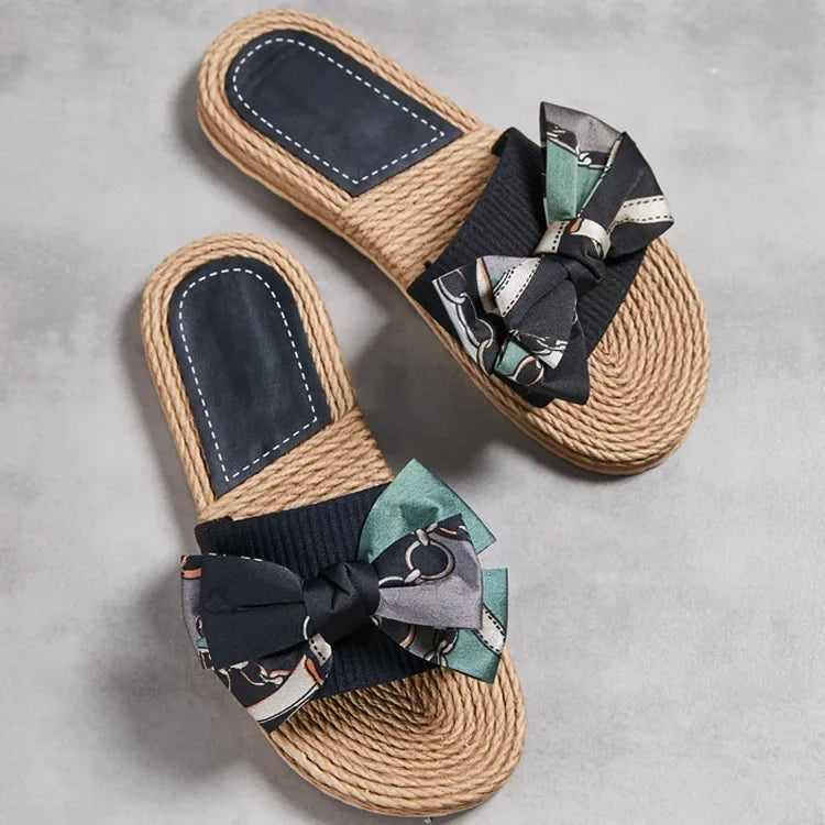 Female Summer Slippers Artificial Straw Sole Shoes Lady Summer Indoor Flat with Flip Flops Stitching Floral Women Slippers