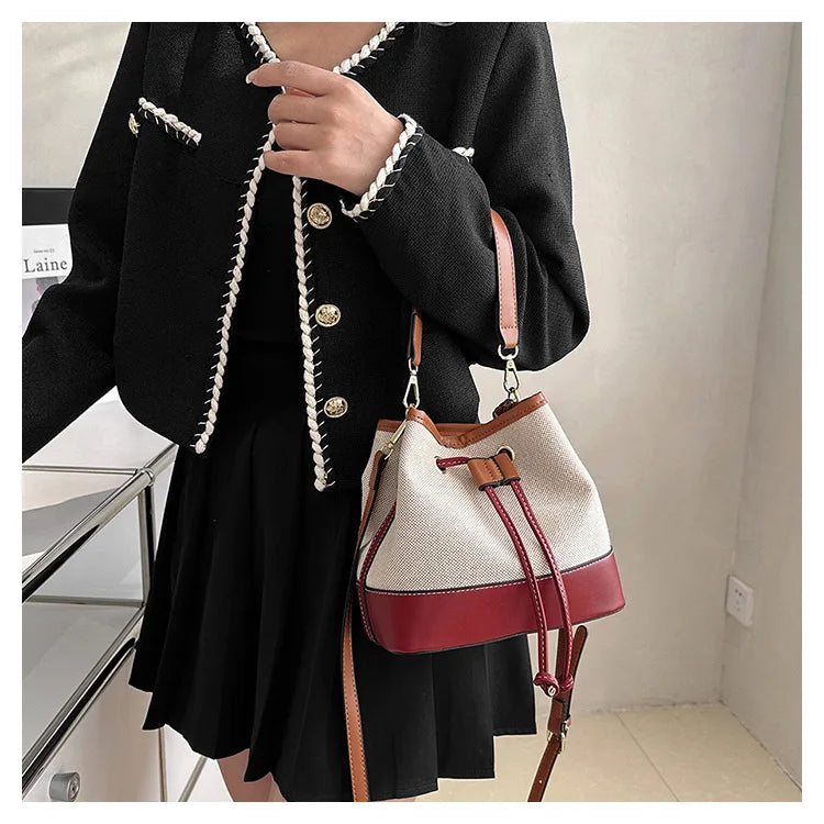 Canvas Bucket Bag Luxury Designer Handbags Women PU Shoulder Bag Fashion Crossbody Daily Commuting Tote Bag
