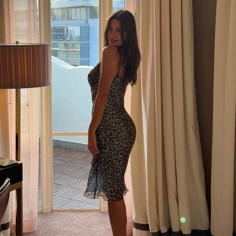 Women's Leopard Print Long Maxi Dress Halter Neck Plunge Front Tiered Ruffle Mermaid Skirt Elegant Party Cocktail Daily Gowns