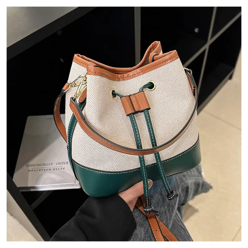 Canvas Bucket Bag Luxury Designer Handbags Women PU Shoulder Bag Fashion Crossbody Daily Commuting Tote Bag