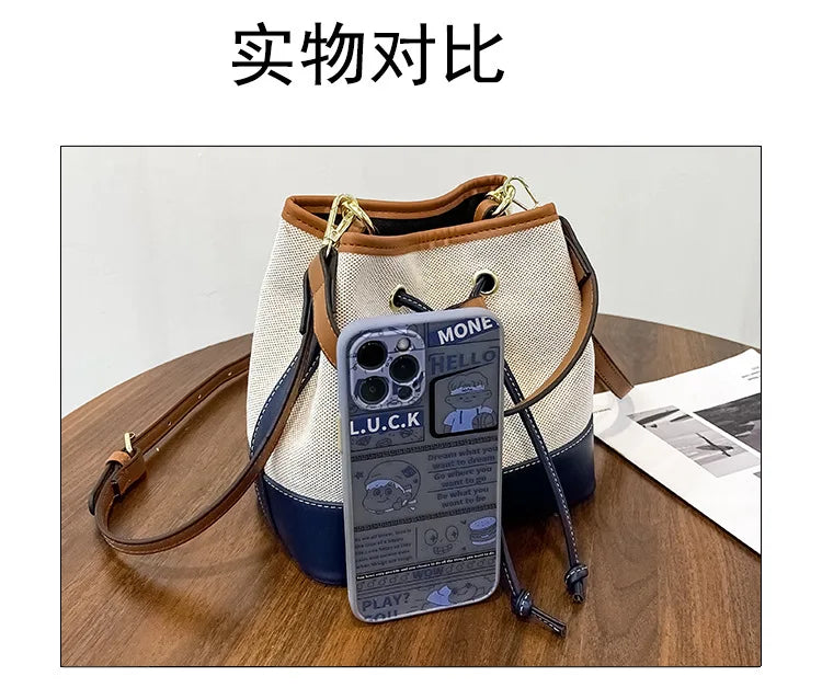 Canvas Bucket Bag Luxury Designer Handbags Women PU Shoulder Bag Fashion Crossbody Daily Commuting Tote Bag