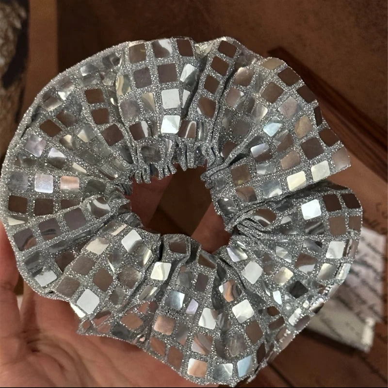 y2k Scrunchies Metal Silver Grid Medium Size Hair Tie Sweet Simple Elastic Hair Band Women Hair Accessories Daily Headwear