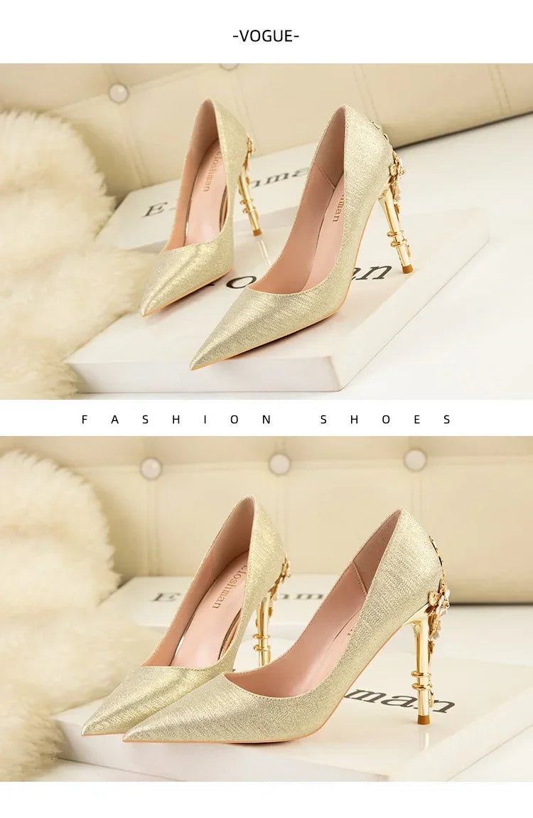 High End Metal Flower High Heels New European American Fashion Luxury Sexy Pointed Women's Shoes Banquet Party Casual Shoes