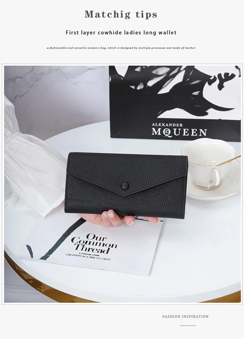 Ladies Genuine Leather Long Wallet Women's Large Capacity Clutch Wallet Envelope Multifunctional Mobile Phone Wallet Purse