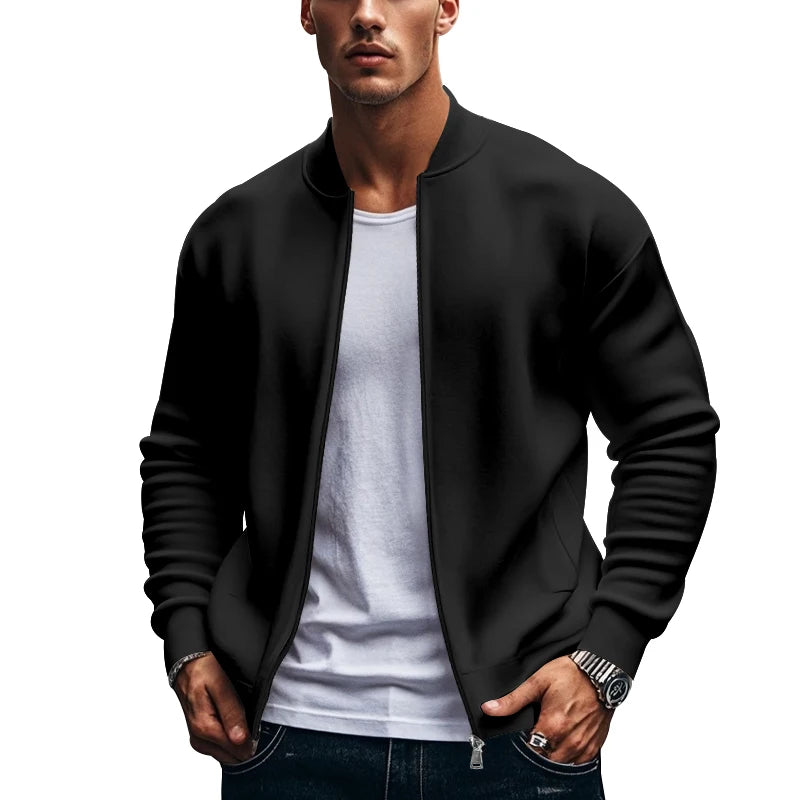 2024 New Spring And Autumn Men's Stand Collar Jacket Solid Color Leisure Sports Long Sleeve Zipper Coat Straight Tube Large Size
