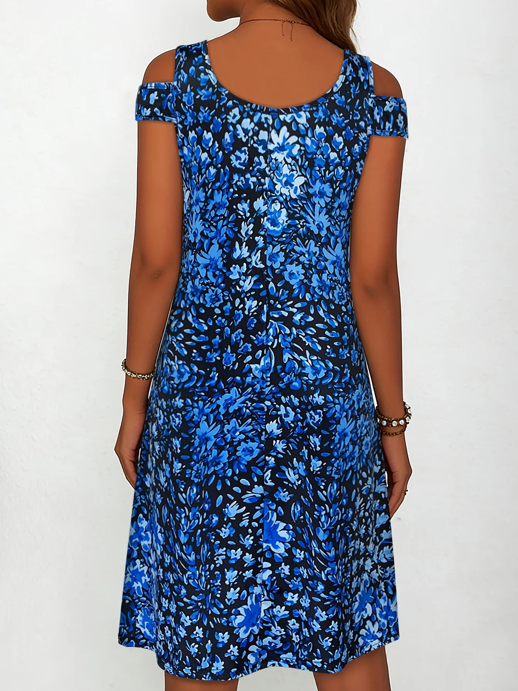 Women's Floral Print Cold Shoulder Dress Summer Casual V Neck Short Sleeve A Line Flowy Sundress,Flowy Casual Summer Sundress