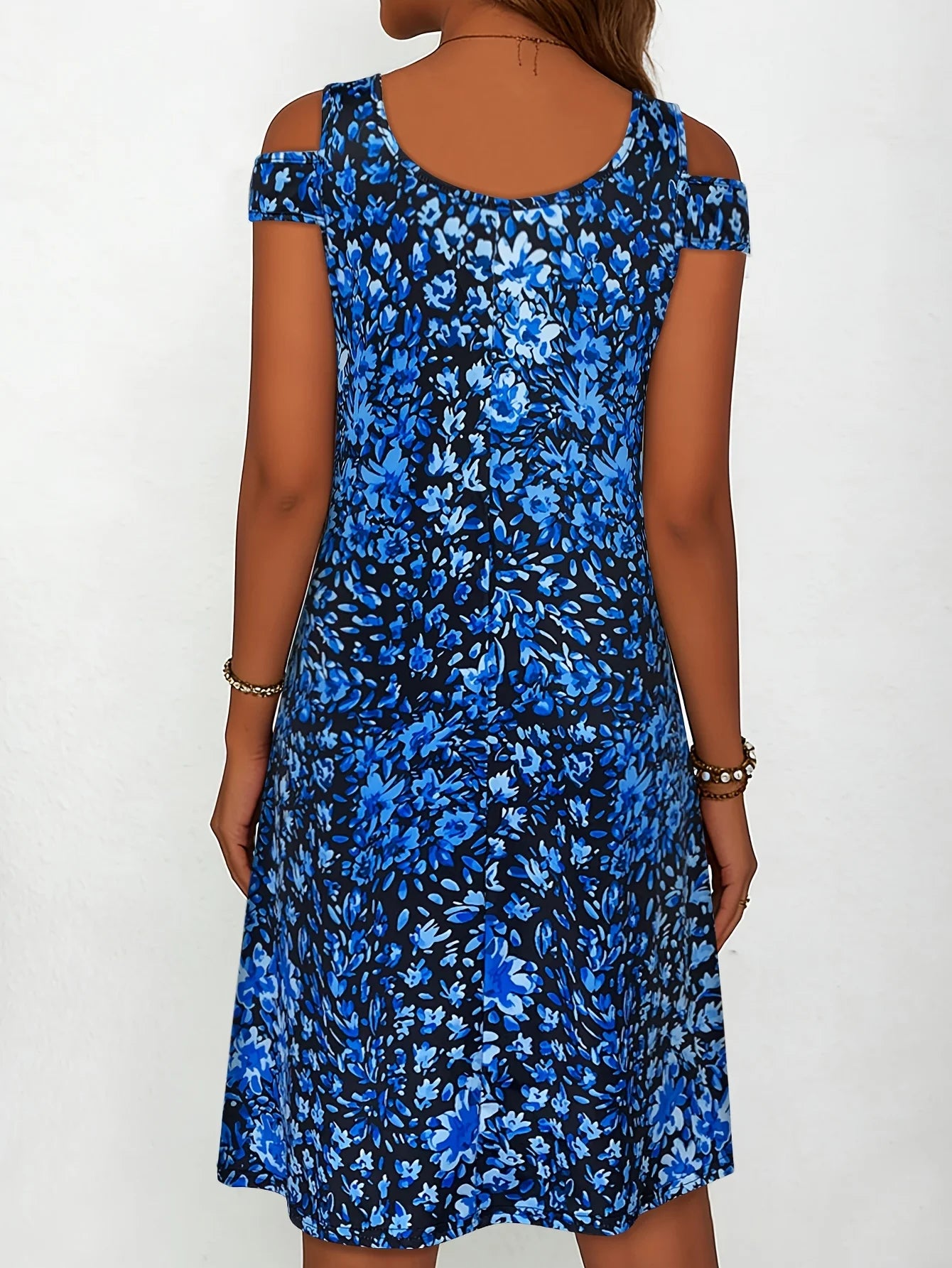 Women's Floral Print Cold Shoulder Dress Summer Casual V Neck Short Sleeve A Line Flowy Sundress,Flowy Casual Summer Sundress