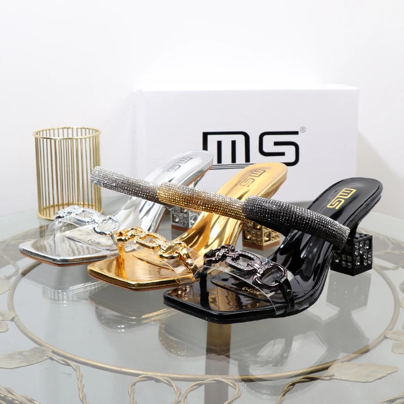 Women's slippers 2026 summer fashion Transparent belt metal decoration box shaped square Alien heel high heels wearing sandals