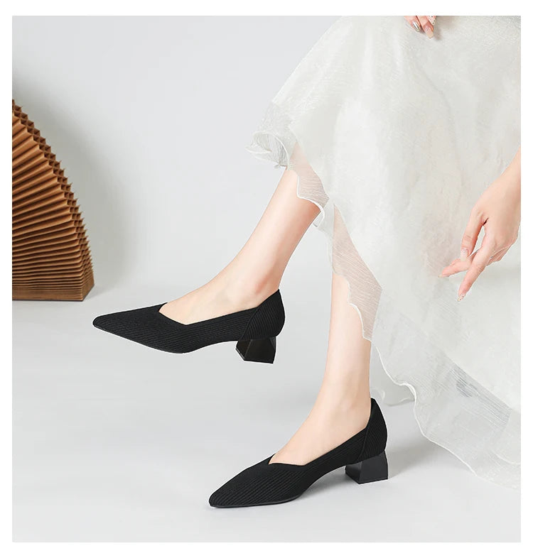 2026 New Women's High Heels Large 42/43 Fashion Pointed Anti slip Rubber Bottom Knitted Breathable Shoes