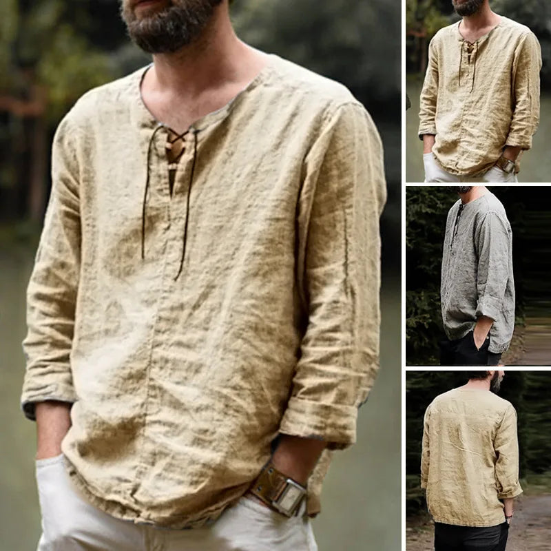 Men's Medieval Pirate Shirt - Historical Renaissance Faire Costume with V-Neck, Lace-Up Collar & Adjustable Drawstring Waist - L