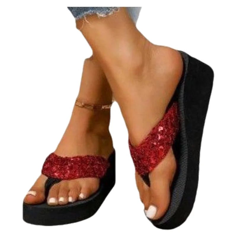 Summer Large Size Sequin Women's Sandals Open Toe Lightweight Outdoor Wear PU Upper Rubber Sole Comfortable Slip-On Shoes