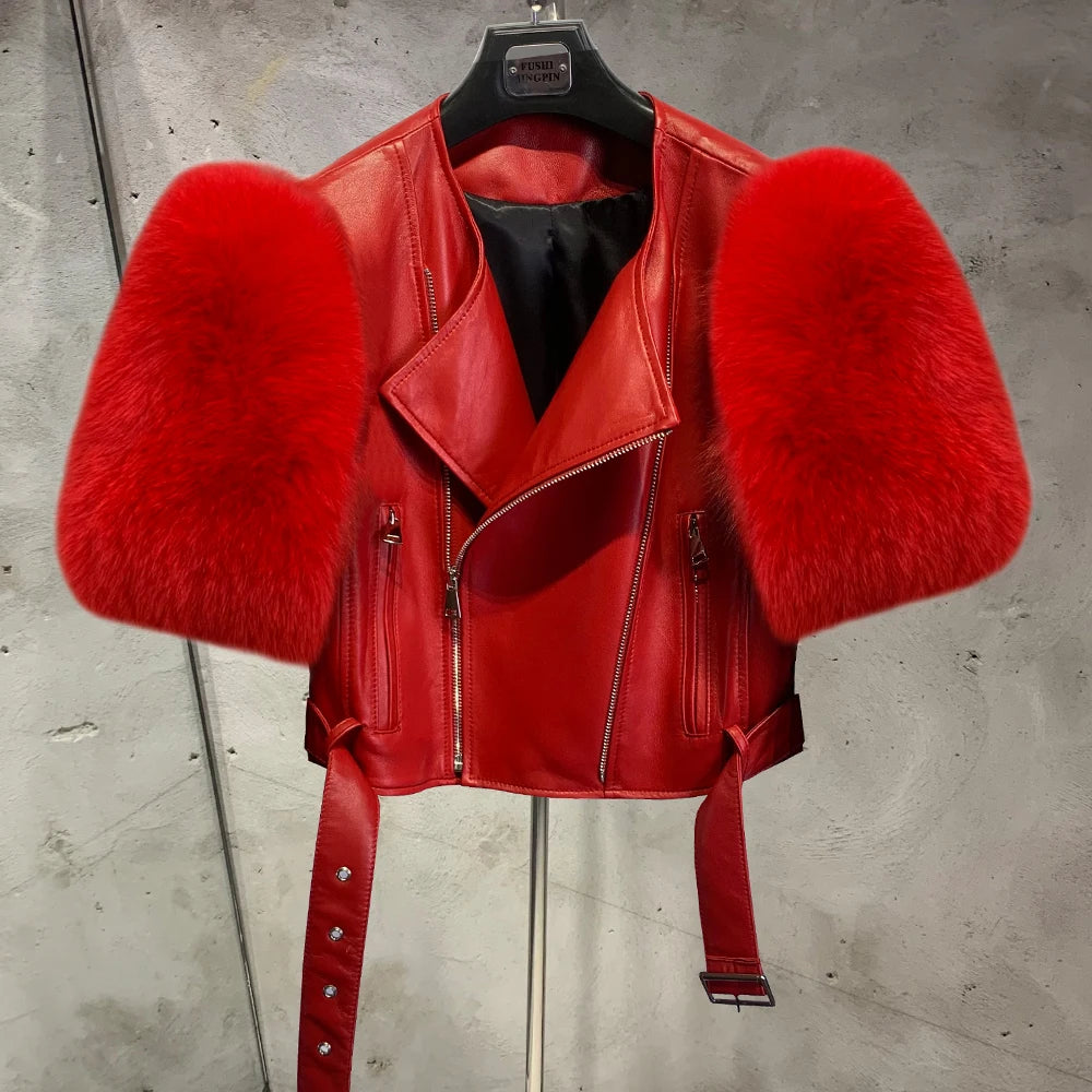 Leather Fur Jacket Natural Fur Sleeve Ladies Short Leather Jacket Real Fox Fur Sleeve Coat Women Autumn 21001-1