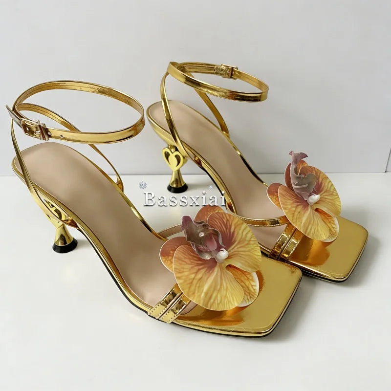 Vivid Orchid Flower Decor Modern Sandals Women Cross Strap Strange Heel Square Toe Party Shoes Summer
