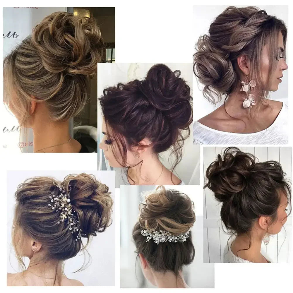 Girls Curly Scrunchie Chignon Band Brown Black Synthetic Hair Ring Wrap On Messy Bun Ponytails Straight Hair Tie