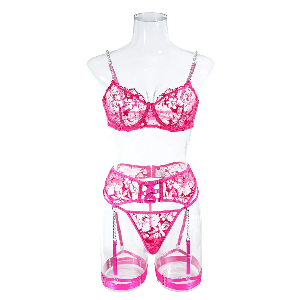 Fancy Floral Embroidery Lingerie Set Sexy Women Transparent Mesh Sheer Erotic Suit Metal Chain Bra Thong Garter Underwear Set