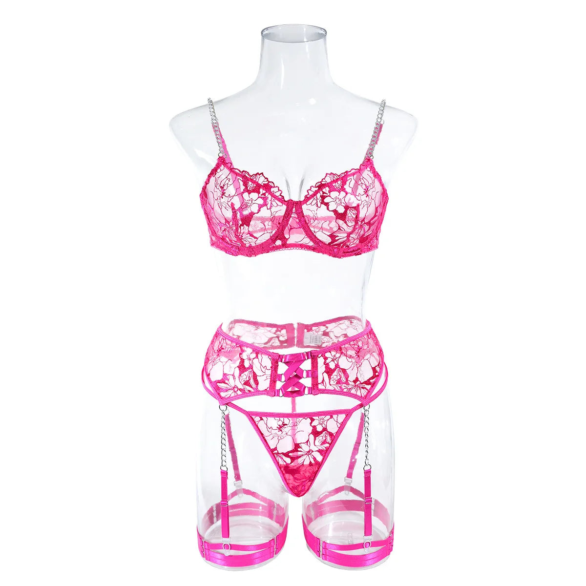 Fancy Floral Embroidery Lingerie Set Sexy Women Transparent Mesh Sheer Erotic Suit Metal Chain Bra Thong Garter Underwear Set