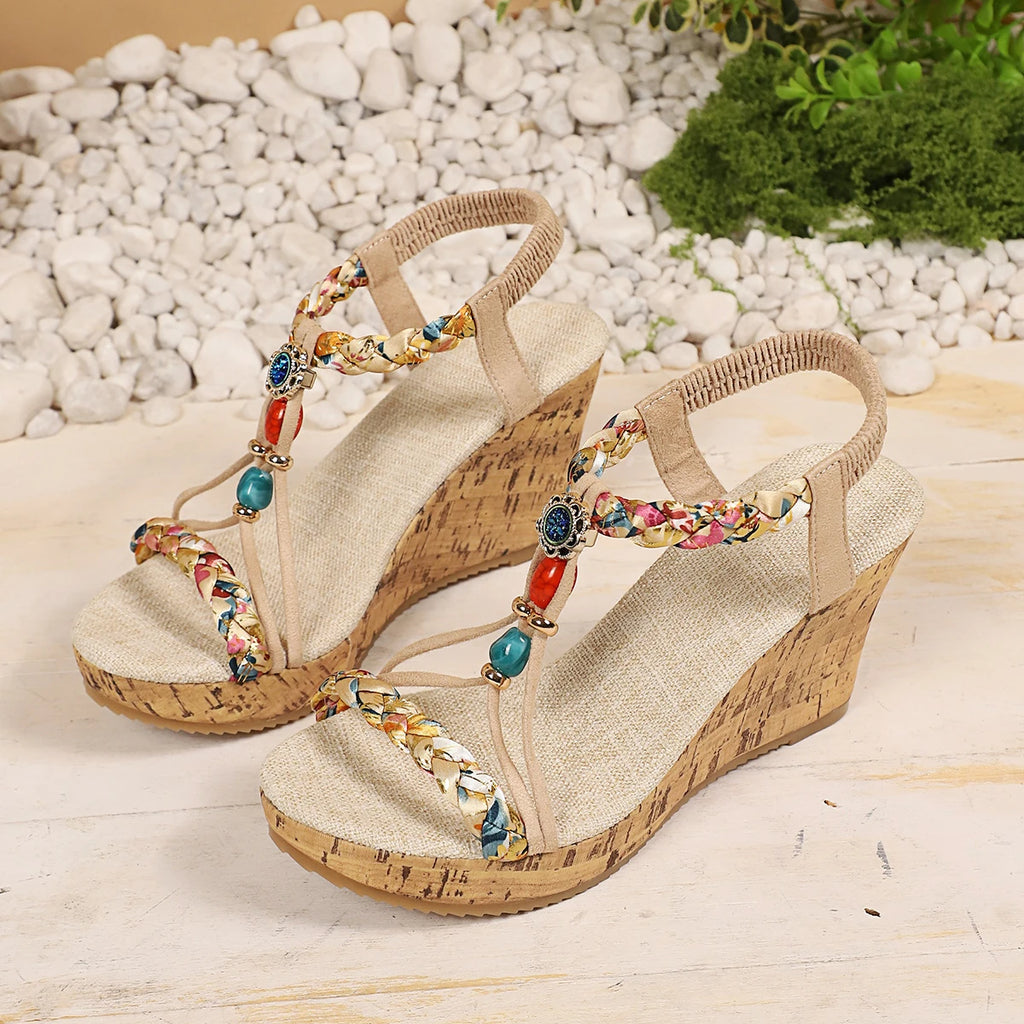 Woman Leather Summer Fashion Wedge Female Large Size Mid-heeled Platform Black New Comfortable Retro Sandals for Women