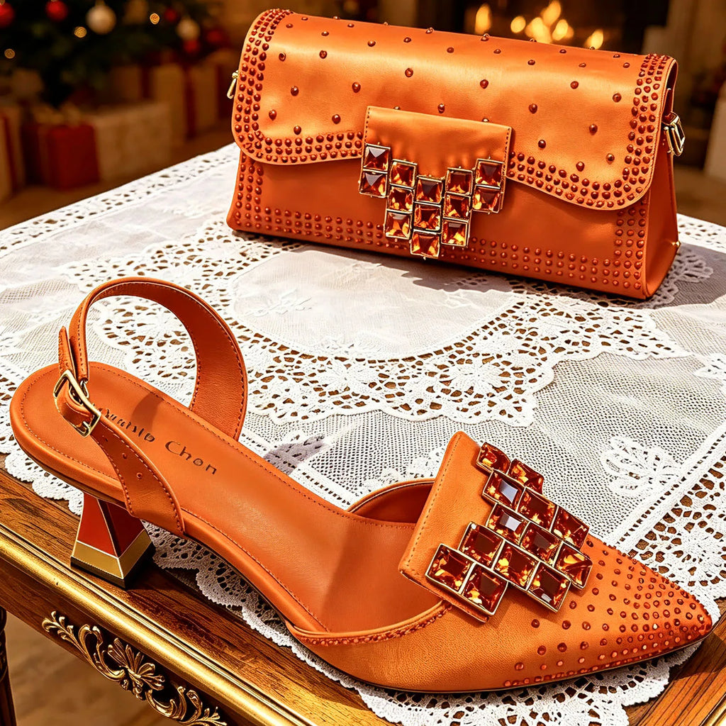 Venus Chan 2026 INS Italy Elegant Rhinestone Pointed Toe High Heels & Matching Bag Set - Perfect for Women's Parties & Weddings