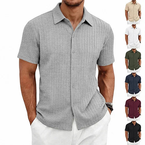 European and American Men's Casual Jacquard Shirt Men's Summer Solid Color Lapel Breathable Men's Short-Sleeved Shirt Top