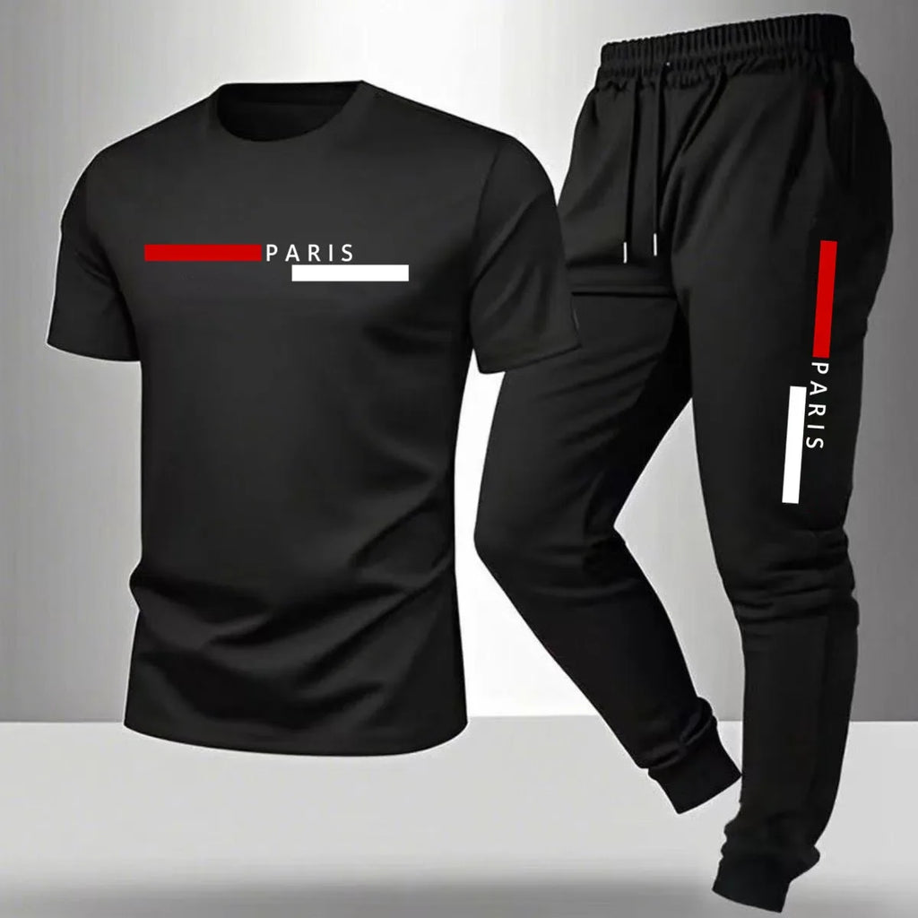 Men's casual sports outfit, printed round-neck short-sleeved T-shirt and long pants, suitable for outdoor wear.