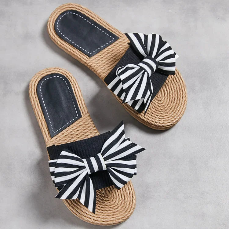 Female Summer Slippers Artificial Straw Sole Shoes Lady Summer Indoor Flat with Flip Flops Stitching Floral Women Slippers